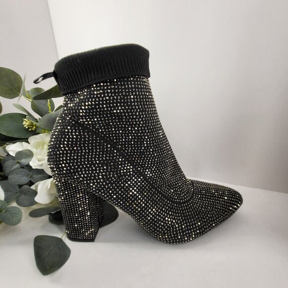 Black & Gold Rhinestone Sock Boots - Womens High Heel Stretch Ankle Boots 8.5 M - Picture 3 of 12